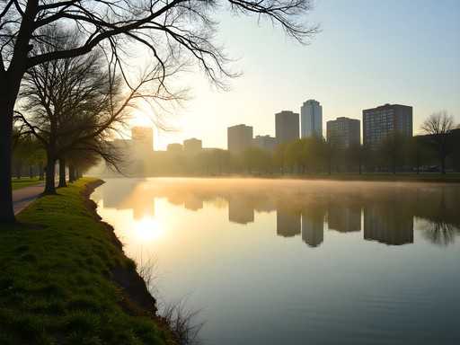 Spring morning at Gray's Lake Park with Des Moines skyline reflection in water