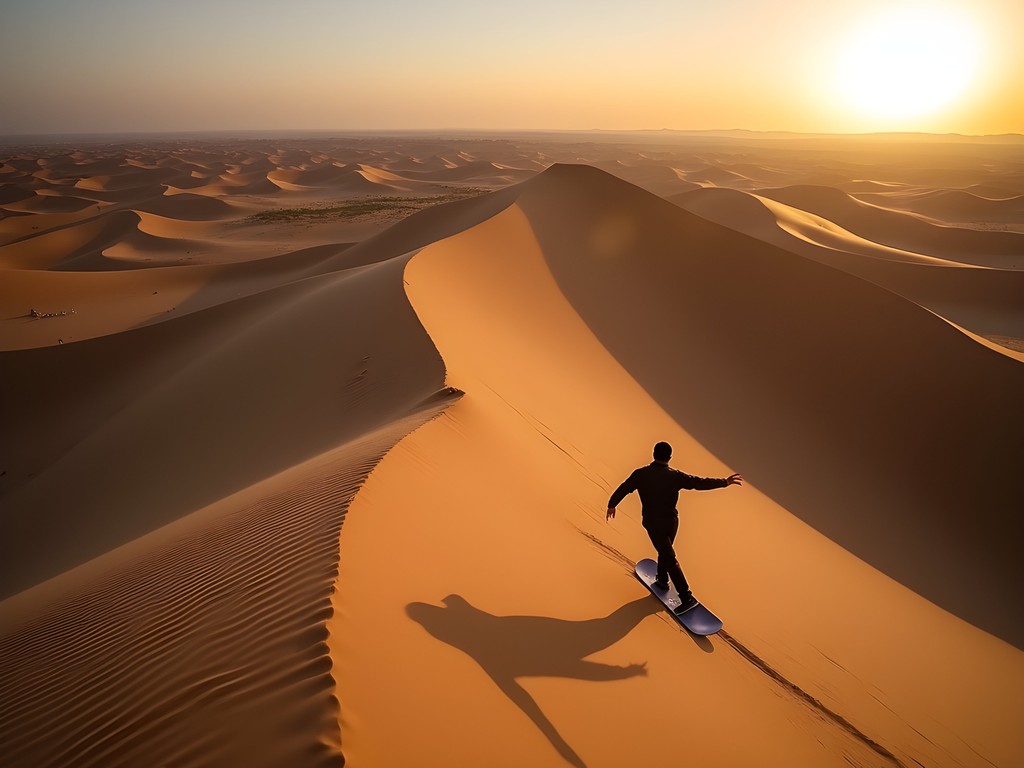 Young traveler sandboarding down a desert dune at sunset near Dubai