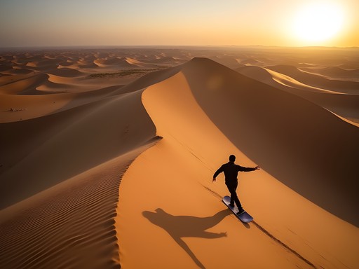 Young traveler sandboarding down a desert dune at sunset near Dubai