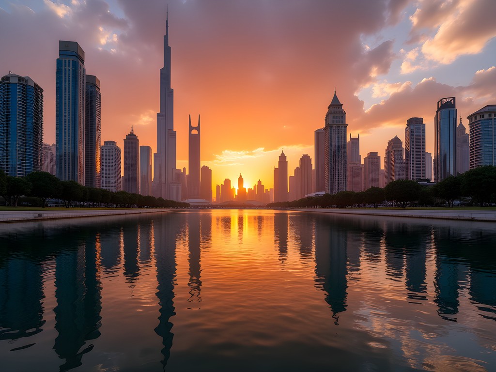 Sunset view of Dubai skyline reflecting in Dubai Canal with person sitting on embankment