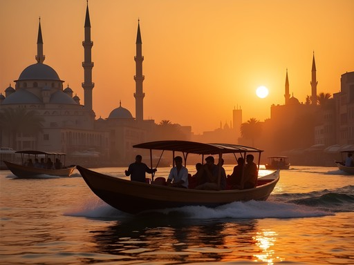 Traditional wooden abra boat crossing Dubai Creek at sunset with Old Dubai buildings in background