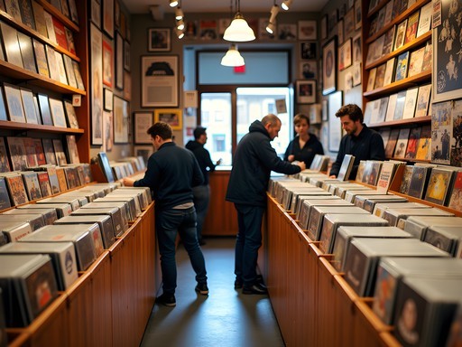 Interior of Dublin record shop with vinyl browsing bins and music memorabilia