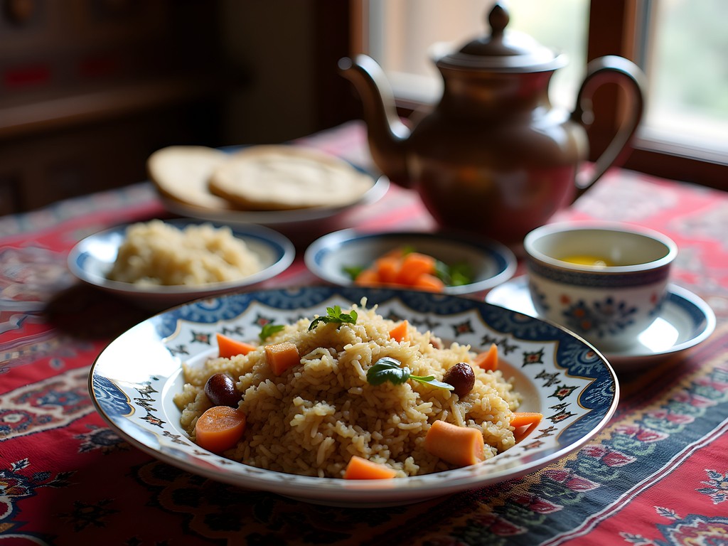 Traditional Tajik meal of plov (rice pilaf) with bread and tea on colorful tablecloth