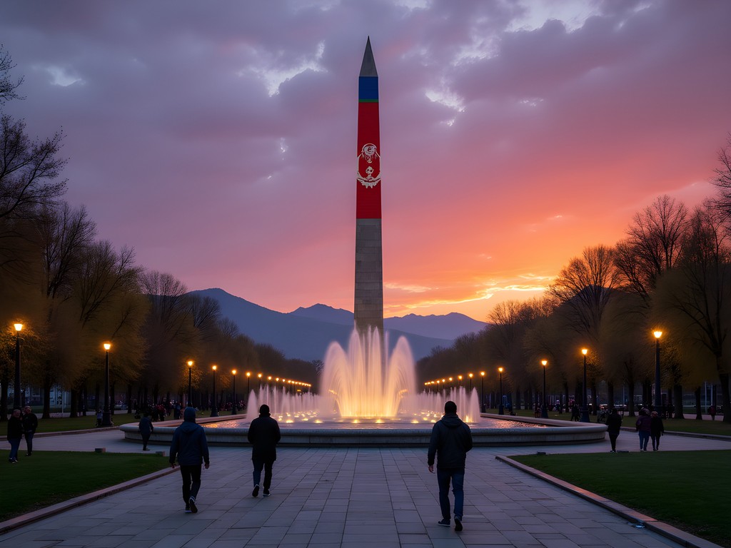 Evening view of Rudaki Park in Dushanbe with the world's second-tallest flagpole illuminated