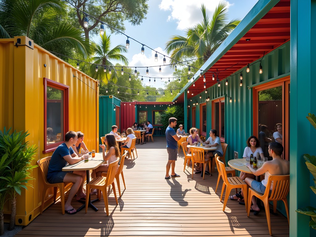 Colorful container hostel in Foz do Iguaçu with hammocks and social area