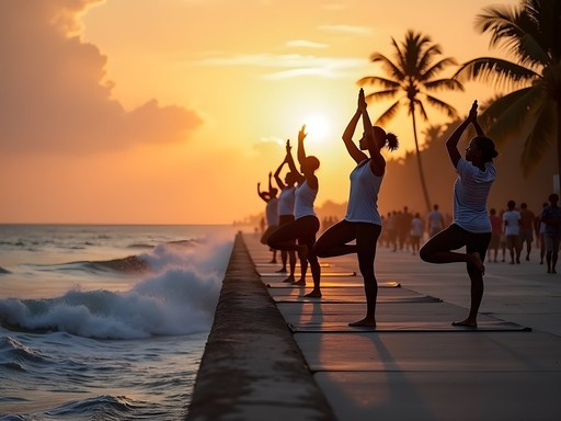 Locals practicing yoga at sunrise on Georgetown's historic seawall