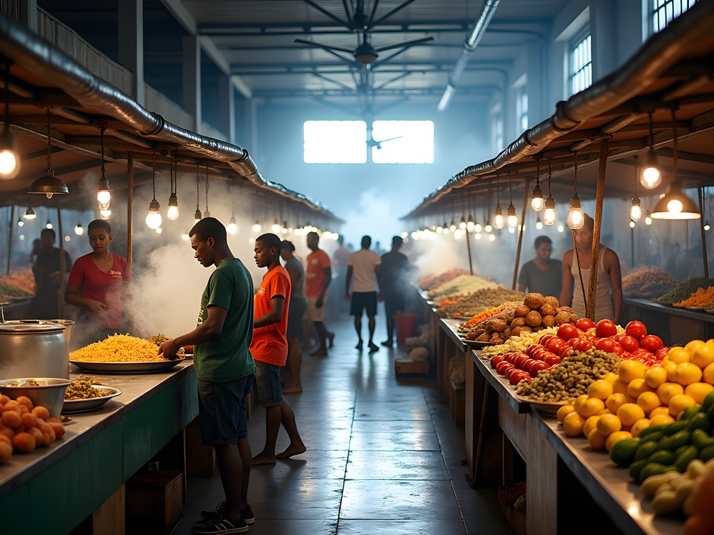 Colorful food stalls at Stabroek Market in Georgetown, Guyana
