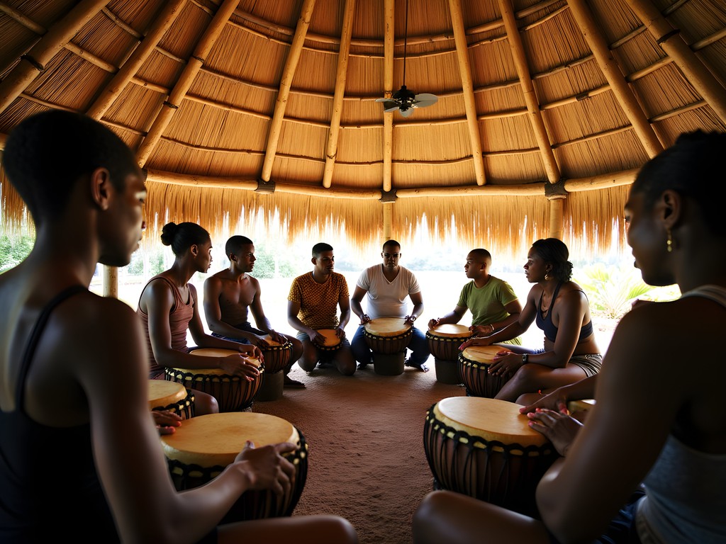 Traditional drumming circle inside the Umana Yana indigenous structure in Georgetown