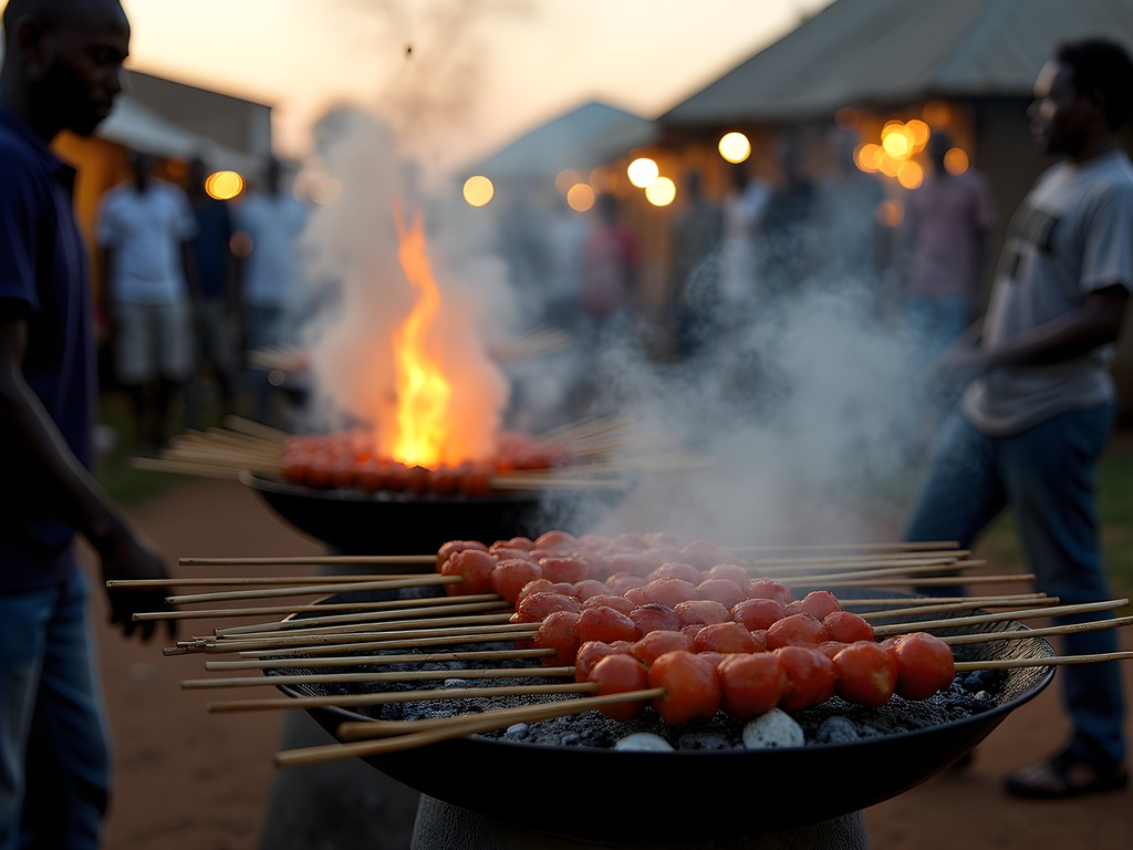 Local street food vendors grilling brochettes in Gitega's evening market