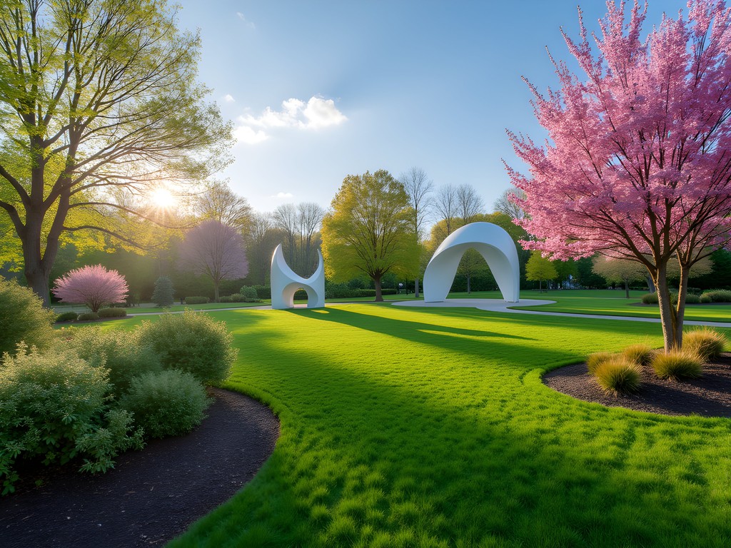 Colorful spring blooms surrounding modern sculptures at Grounds For Sculpture in Hamilton