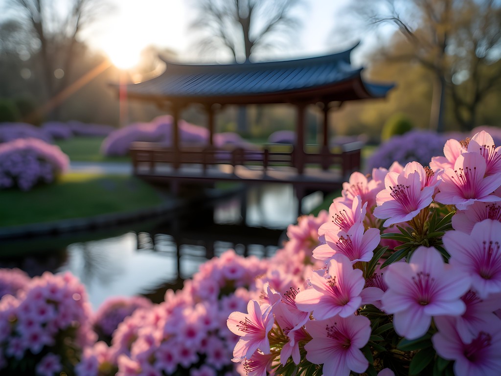Vibrant azaleas blooming around Japanese bridge at Sayen Gardens in Hamilton