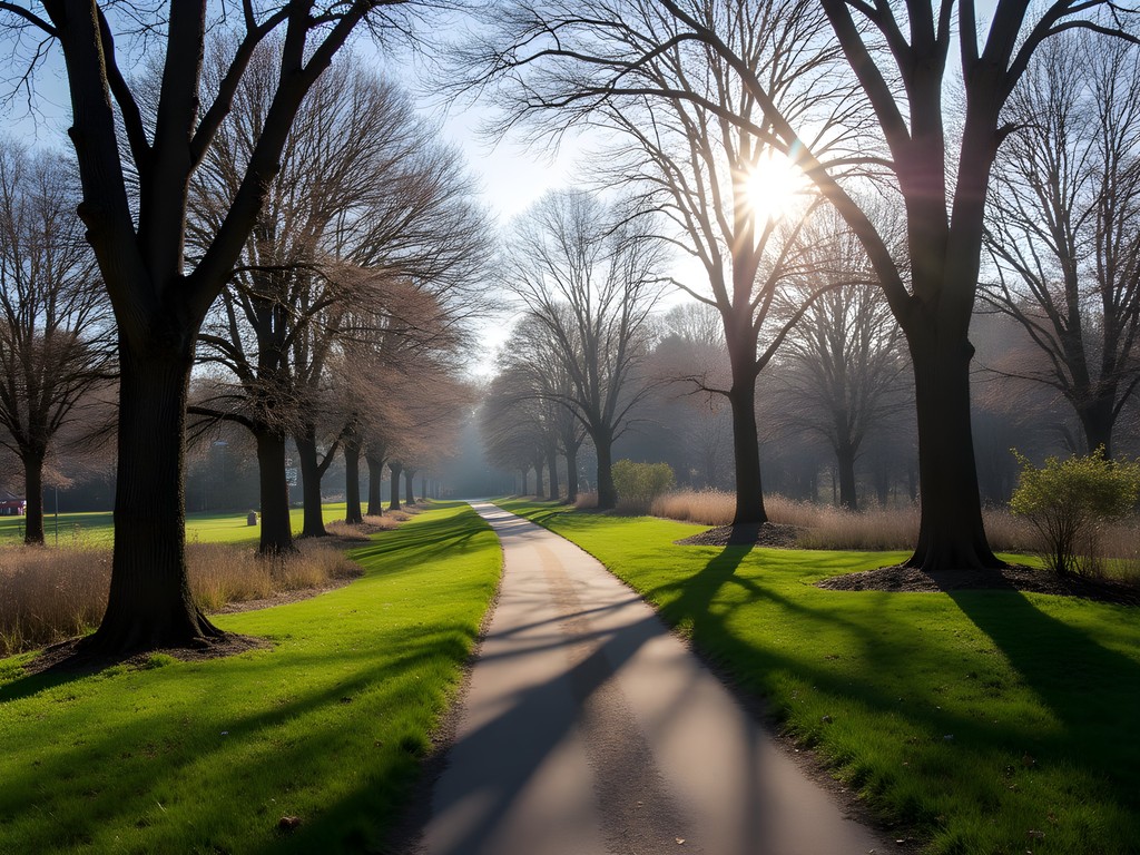 Scenic walking trail through Veterans Park in Hamilton during spring
