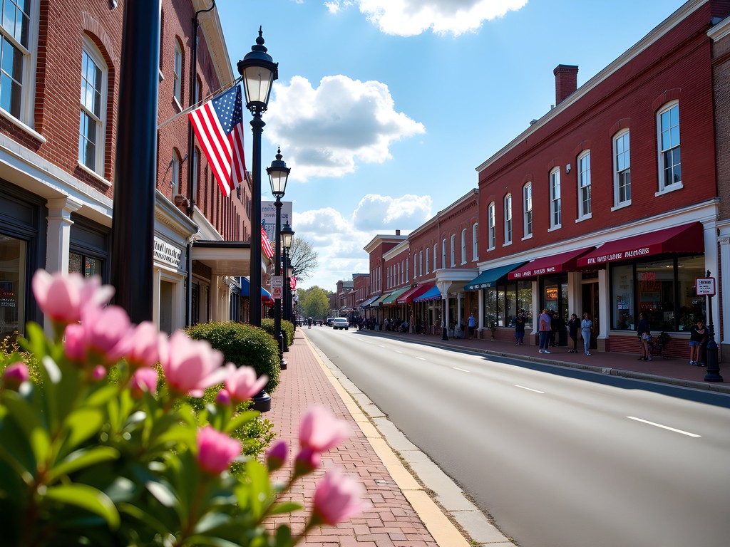 Historic downtown Hattiesburg Mississippi with brick buildings and spring flowers