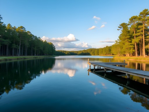 Peaceful lake view at Paul B Johnson State Park Mississippi with pine trees