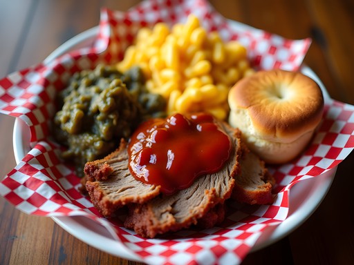 Traditional Mississippi BBQ plate with pulled pork and southern sides
