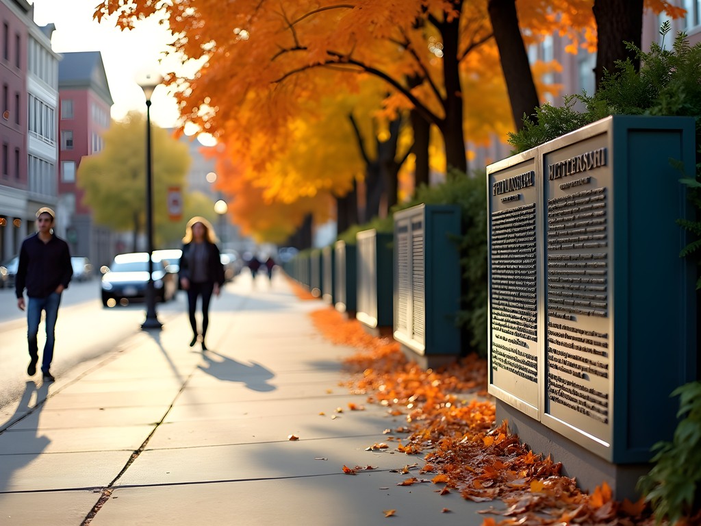 Bronze literary panels along Iowa Avenue sidewalk with fall foliage