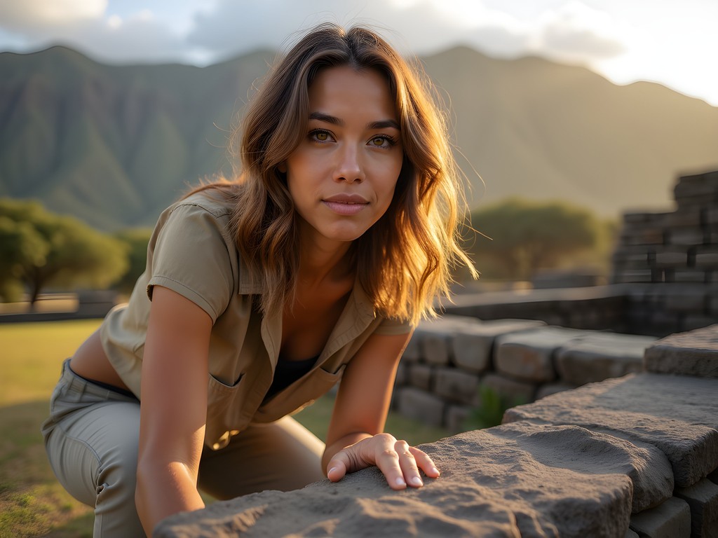 Woman archaeologist examining ancient Hawaiian temple stones at Haleki'i Heiau in Maui