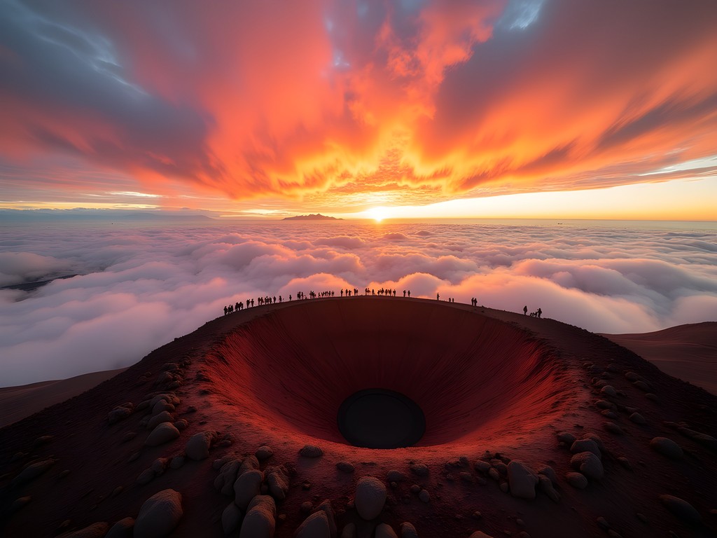 Dramatic sunrise view from Haleakala summit with clouds below and volcanic crater in Maui