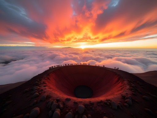 Dramatic sunrise view from Haleakala summit with clouds below and volcanic crater in Maui