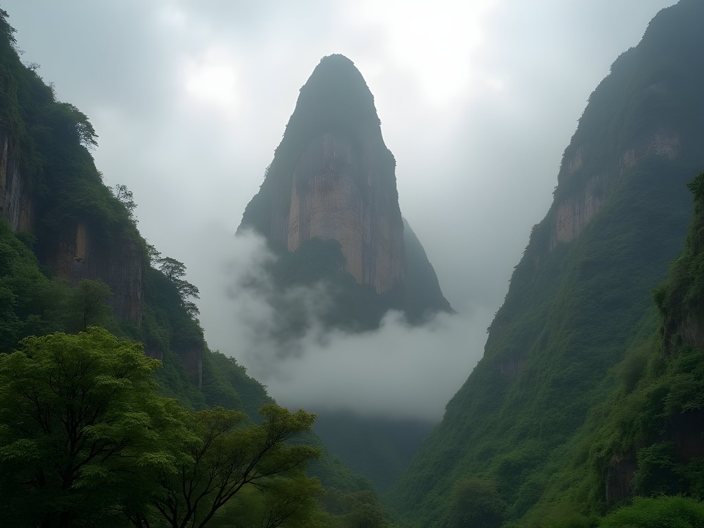 Iao Needle rock formation rising through morning mist in Iao Valley State Park Maui