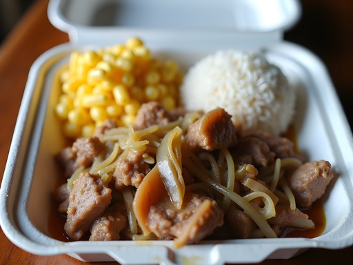 Traditional Hawaiian plate lunch with kalua pork, rice, and macaroni salad from Kahului food truck