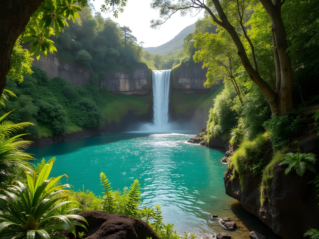 Turquoise waterfall pool along Road to Hana with lush tropical vegetation in Maui