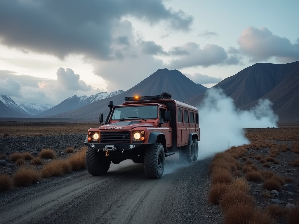 6WD Russian vehicle traversing remote Kamchatka wilderness with volcanic peaks