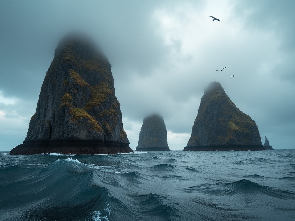 Dramatic rock formations of Three Brothers in Avacha Bay, Kamchatka