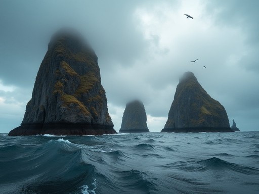 Dramatic rock formations of Three Brothers in Avacha Bay, Kamchatka