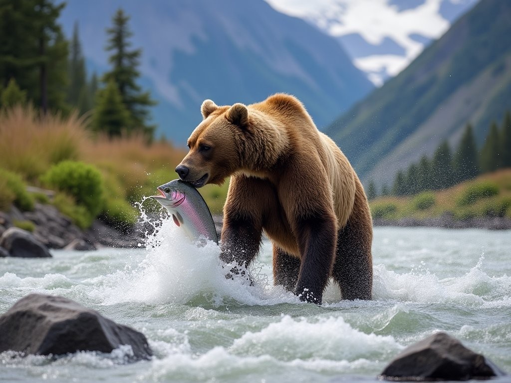 Brown bear catching salmon in Kamchatka river with volcanic mountain backdrop