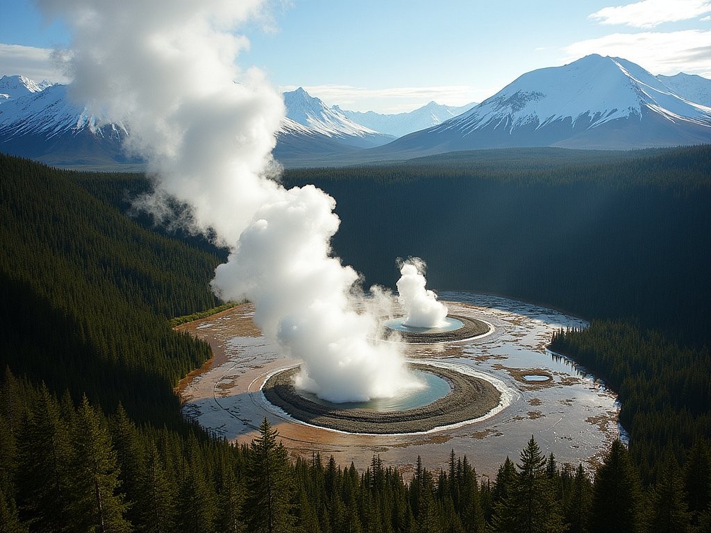 Aerial view of steam columns rising from Kamchatka's Valley of Geysers