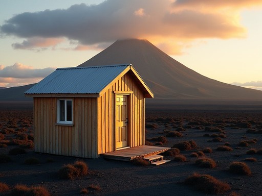 Simple wooden volcanic hut accommodation with Kamchatka volcano in background