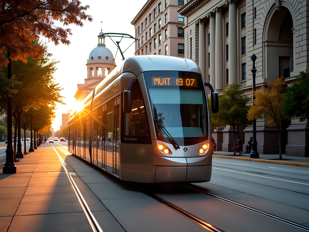 Free KC Streetcar traveling through downtown Kansas City with Union Station visible in background