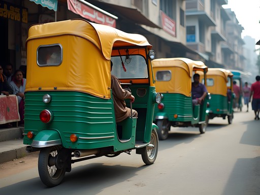 Colorful cycle-rickshaws lined up on a busy street in downtown Khulna