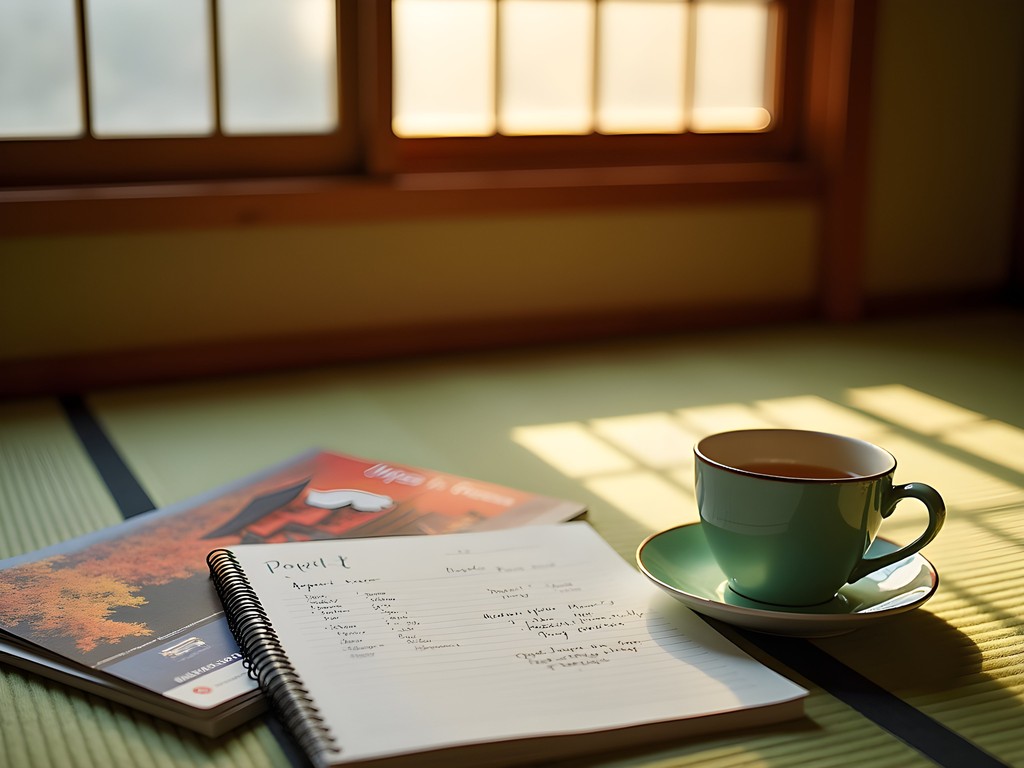 Fall foliage surrounding a peaceful Kyoto temple with budget planning materials