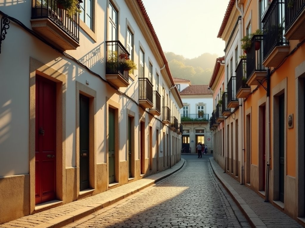 Early morning in Lisbon's Alfama district with empty streets and golden light