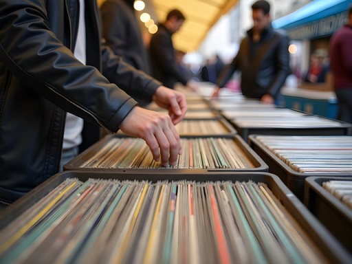 Person browsing through vinyl records at Brick Lane Market in London