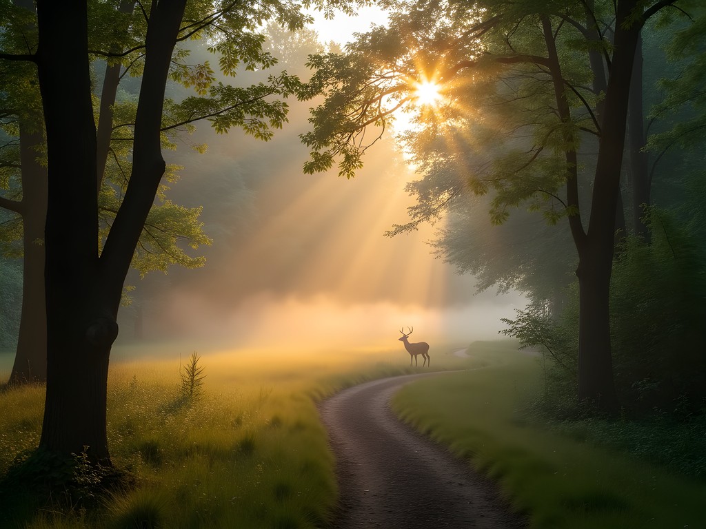 Morning fog on Black River Reservation trail with deer visible in clearing