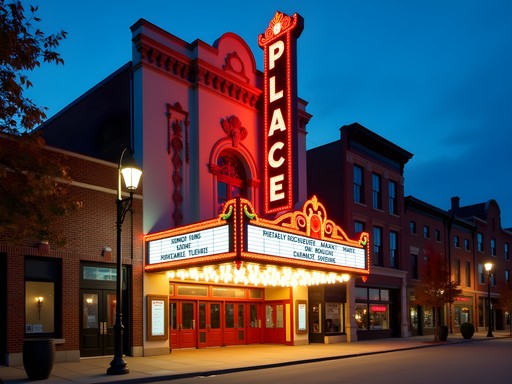 Historic Palace Theatre illuminated in the evening on Elm Street in downtown Manchester
