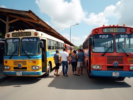 Colorful local buses at Manta's Terminal Terrestre transportation hub