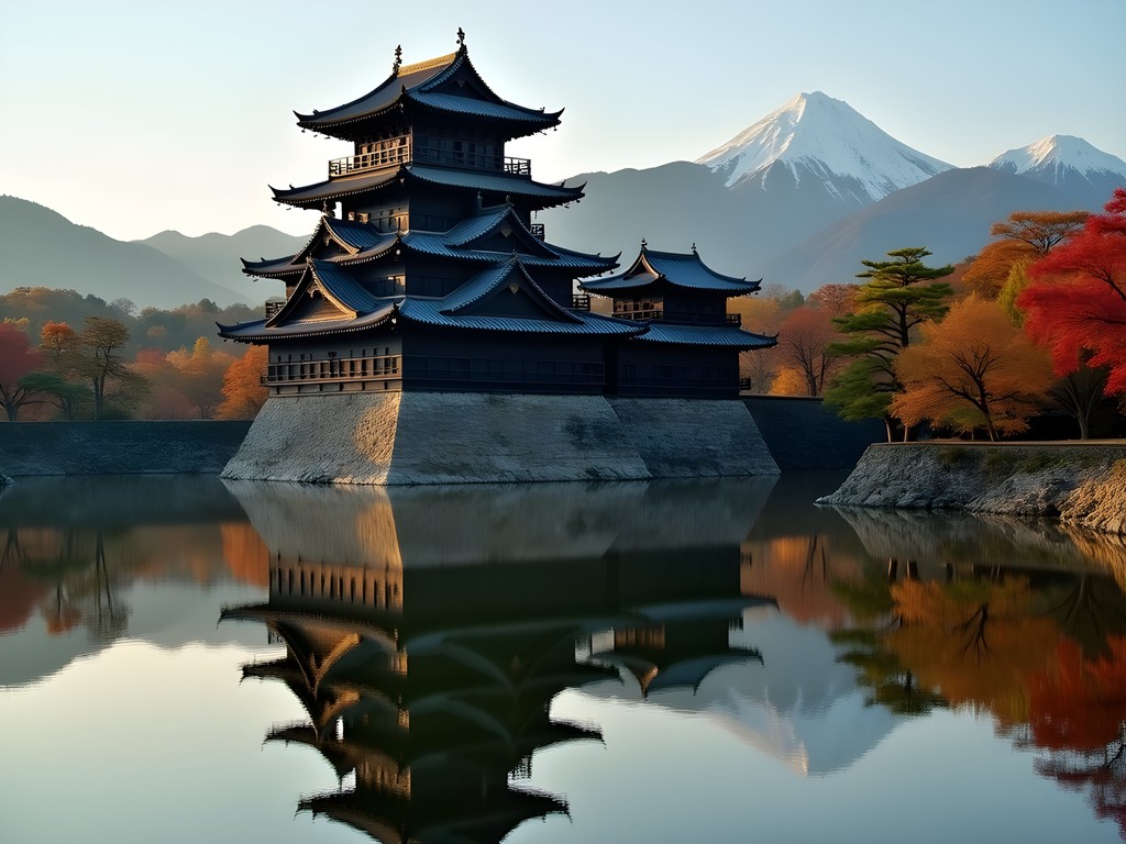 Matsumoto Castle reflected in moat waters during early morning light