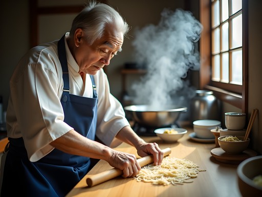 Local vendor preparing fresh soba noodles at a small shop in Matsumoto