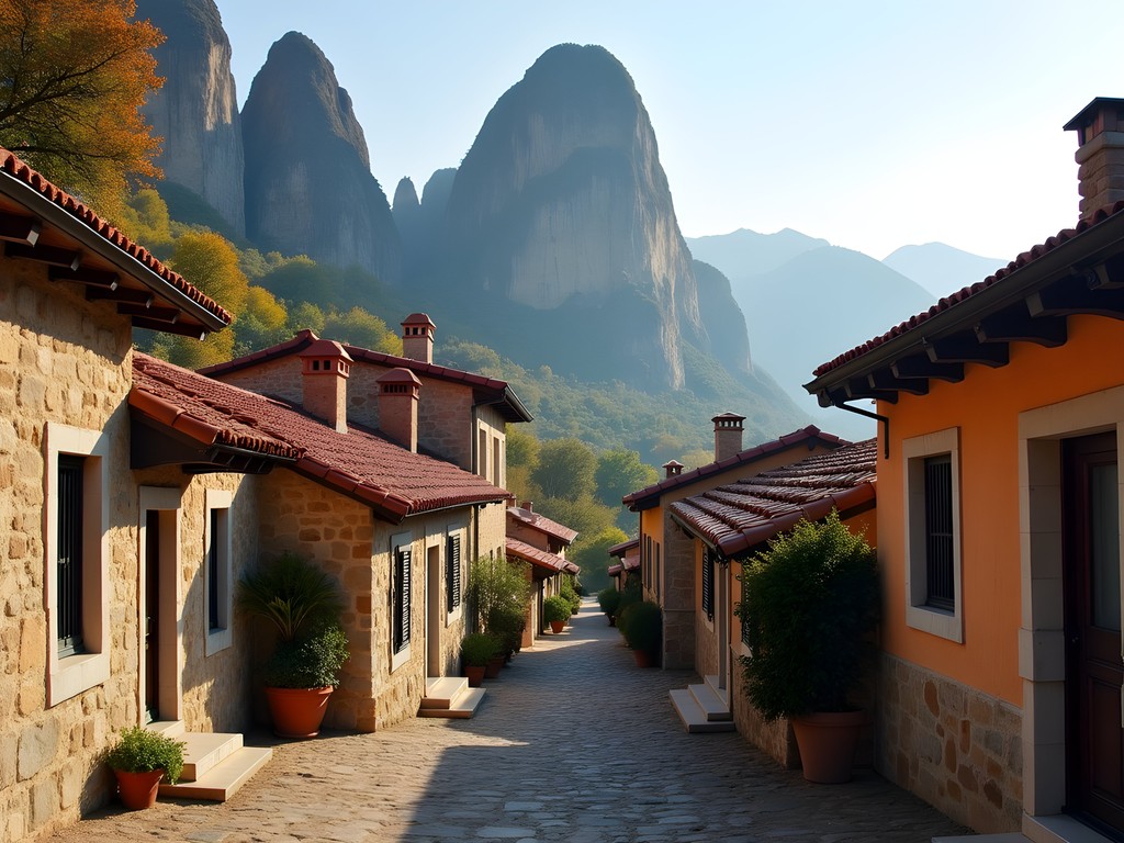 View of Kastraki village with Meteora rock formations in background