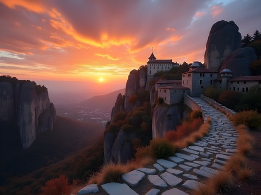 Hidden sunset viewpoint overlooking Meteora monasteries with dramatic lighting