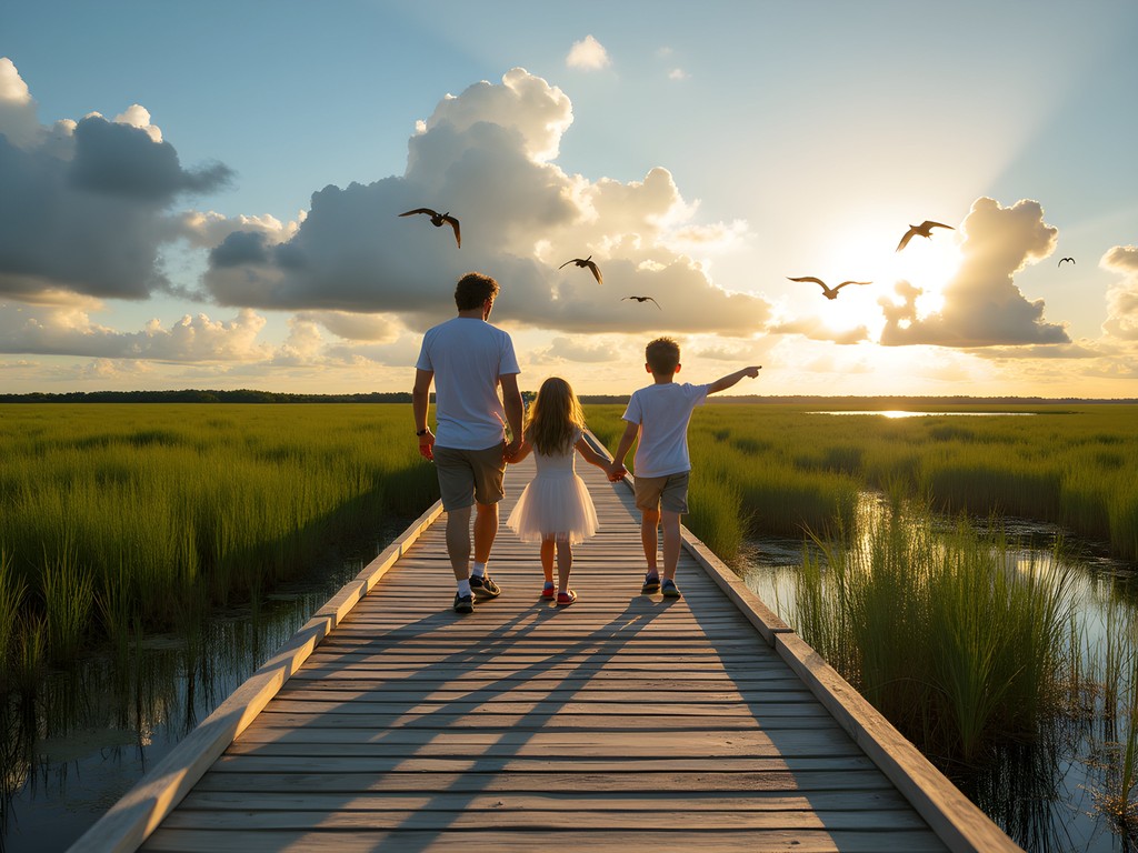 Family exploring boardwalk trail in Everglades National Park near Miami