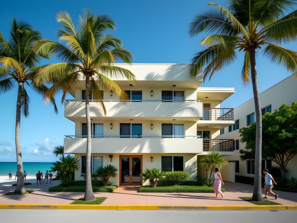 Affordable beachfront accommodation in North Beach Miami with palm trees and ocean view