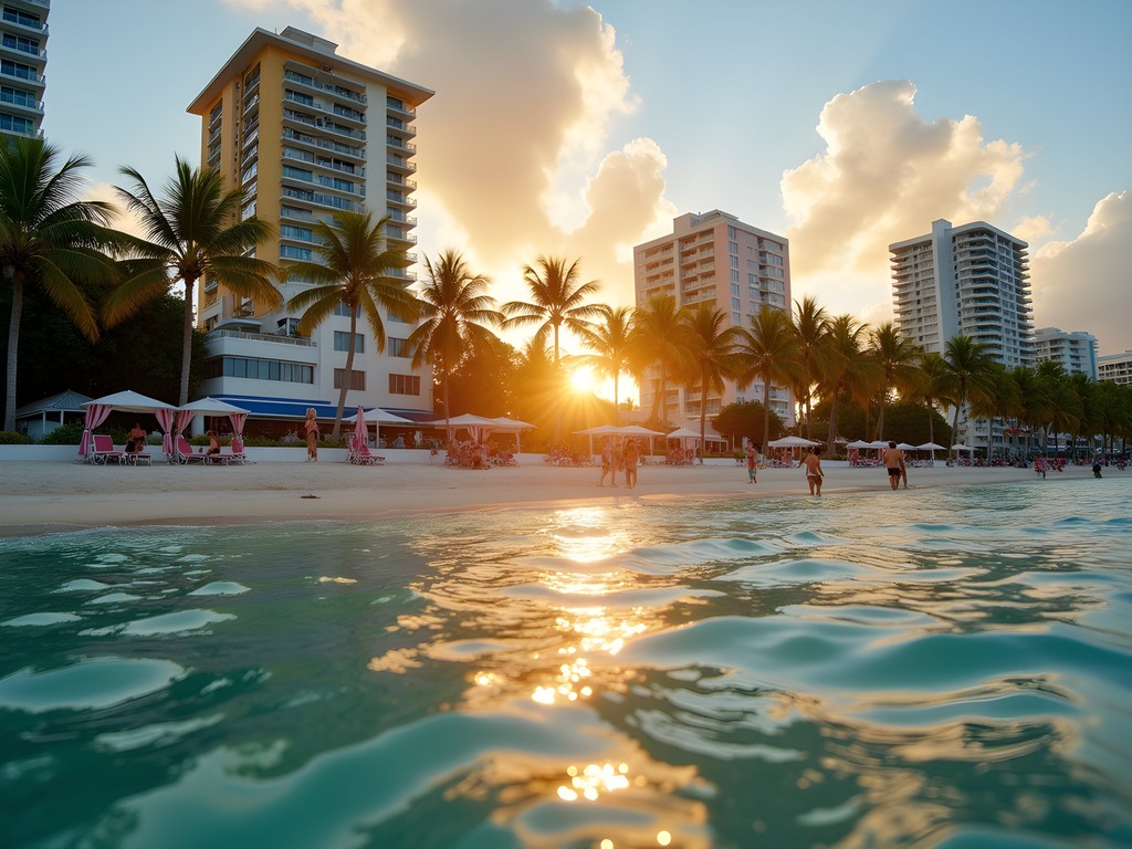 Uncrowded South Beach shoreline during fall sunset with palm trees and Art Deco buildings