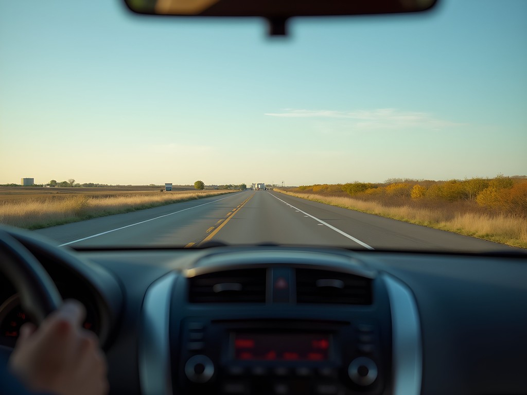 Road trip view approaching Midwest City Oklahoma on Interstate 40