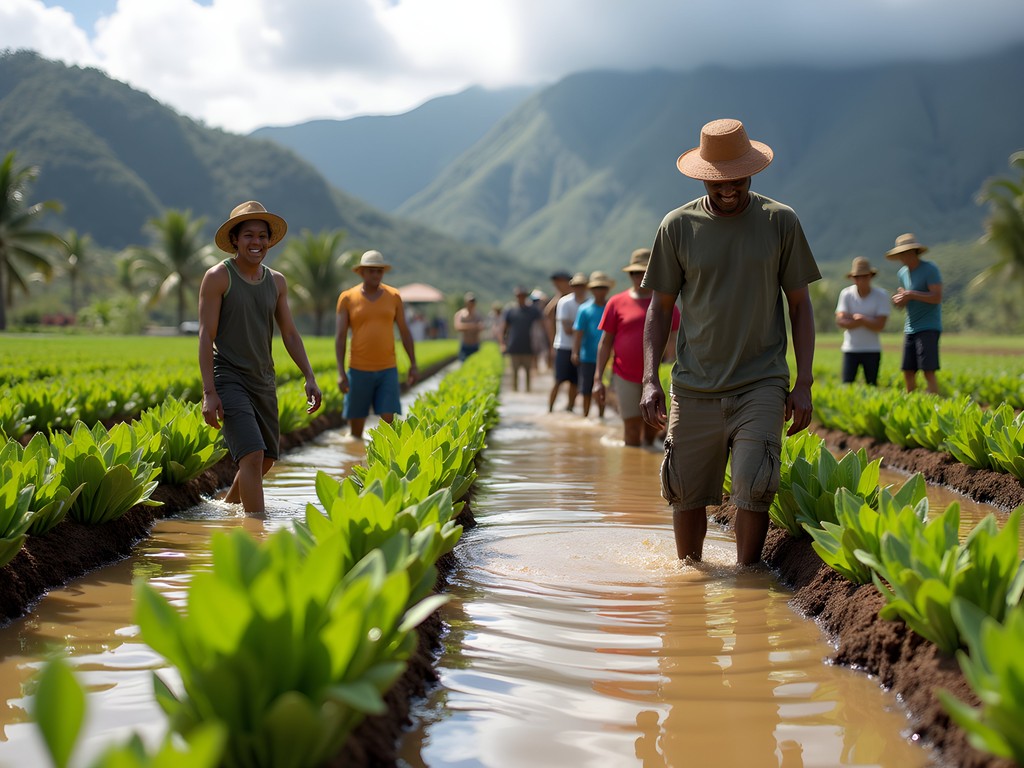 Volunteers working in traditional Hawaiian taro patch near Mililani