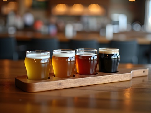 Craft beer flight at a Milwaukee brewery with lakefront view